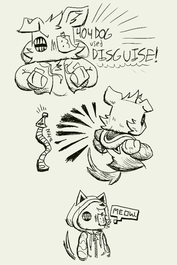 a comic of 404DOG saying '404DOG used DISGUISE!', then he puts on his hoodie, which has cat ears, and he says 'meow'