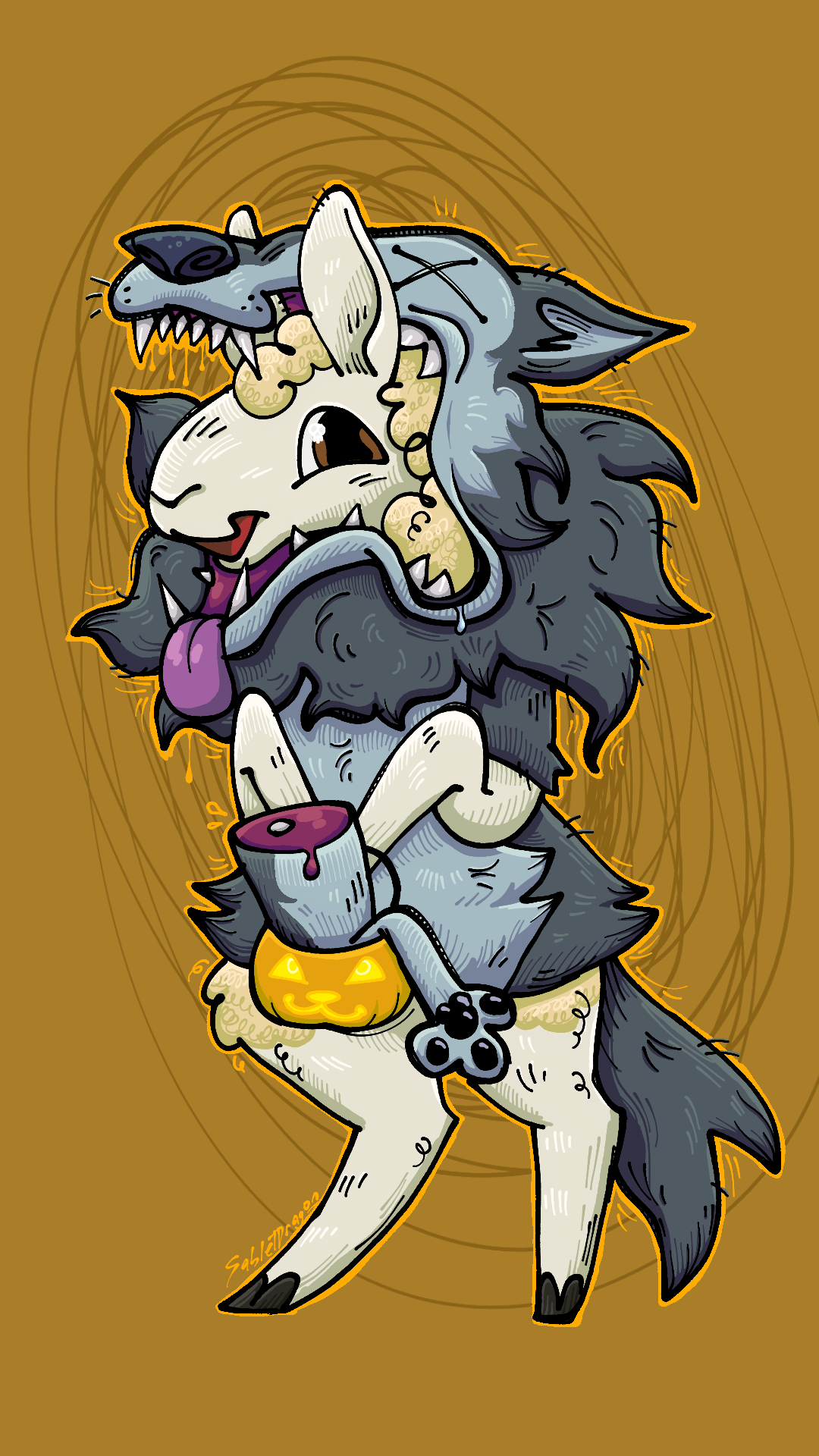 Digital art of a happy anthropomorphic sheep wearing a dead wolf with X eyes as a costume. The sheep holds a jack-o-lantern bucket, which has the wolf's cut-off leg in it. The sheep stands behind a bronze-colored background as it is outlined with orange.