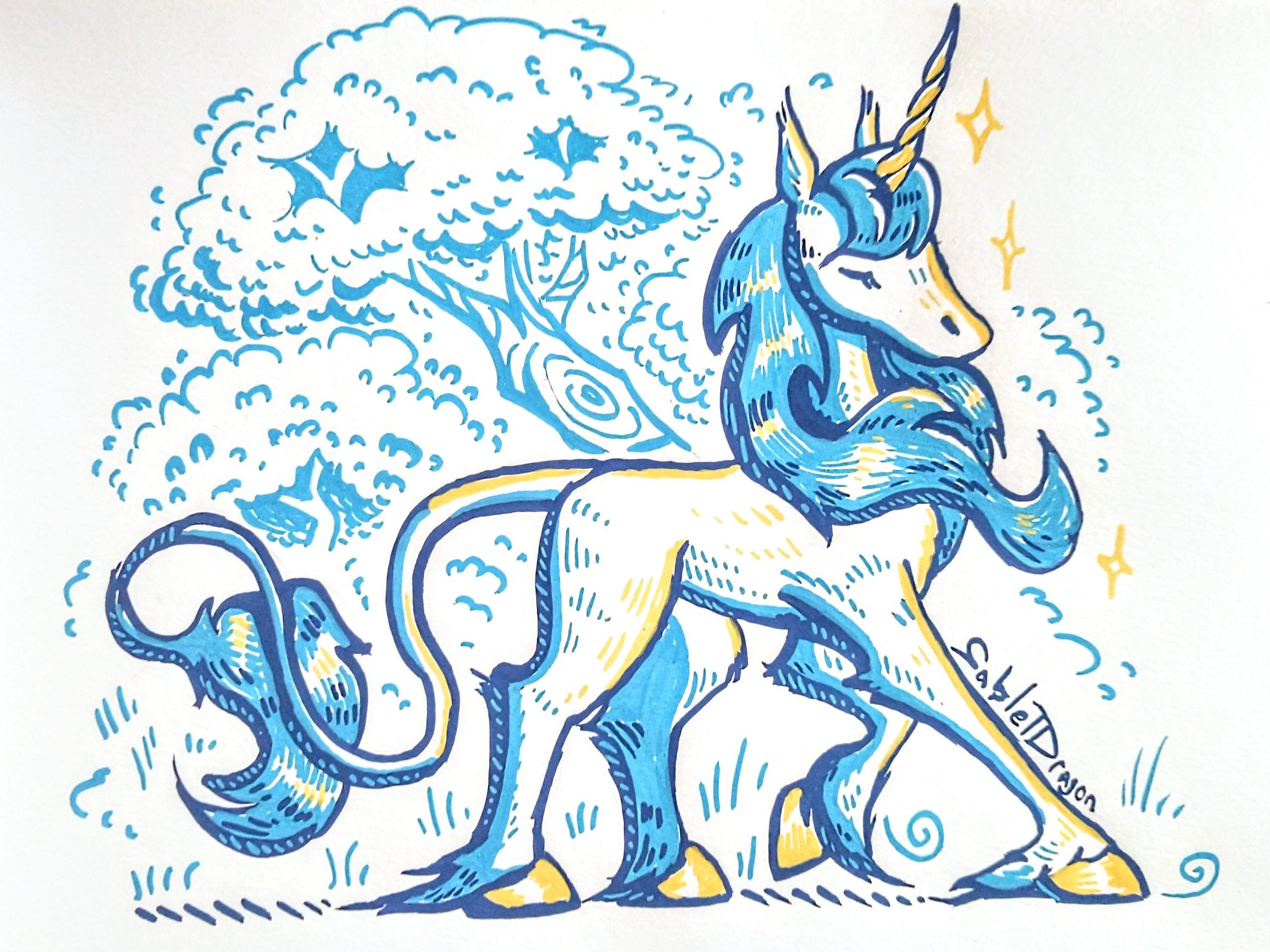 A traditional acrylic marker drawing of a white unicorn, doing an elegant pose, with blue hair, a golden horn and hooves, and a long lion-like tail with a large blue tuft. There are trees and grass seen behind the unicorn.