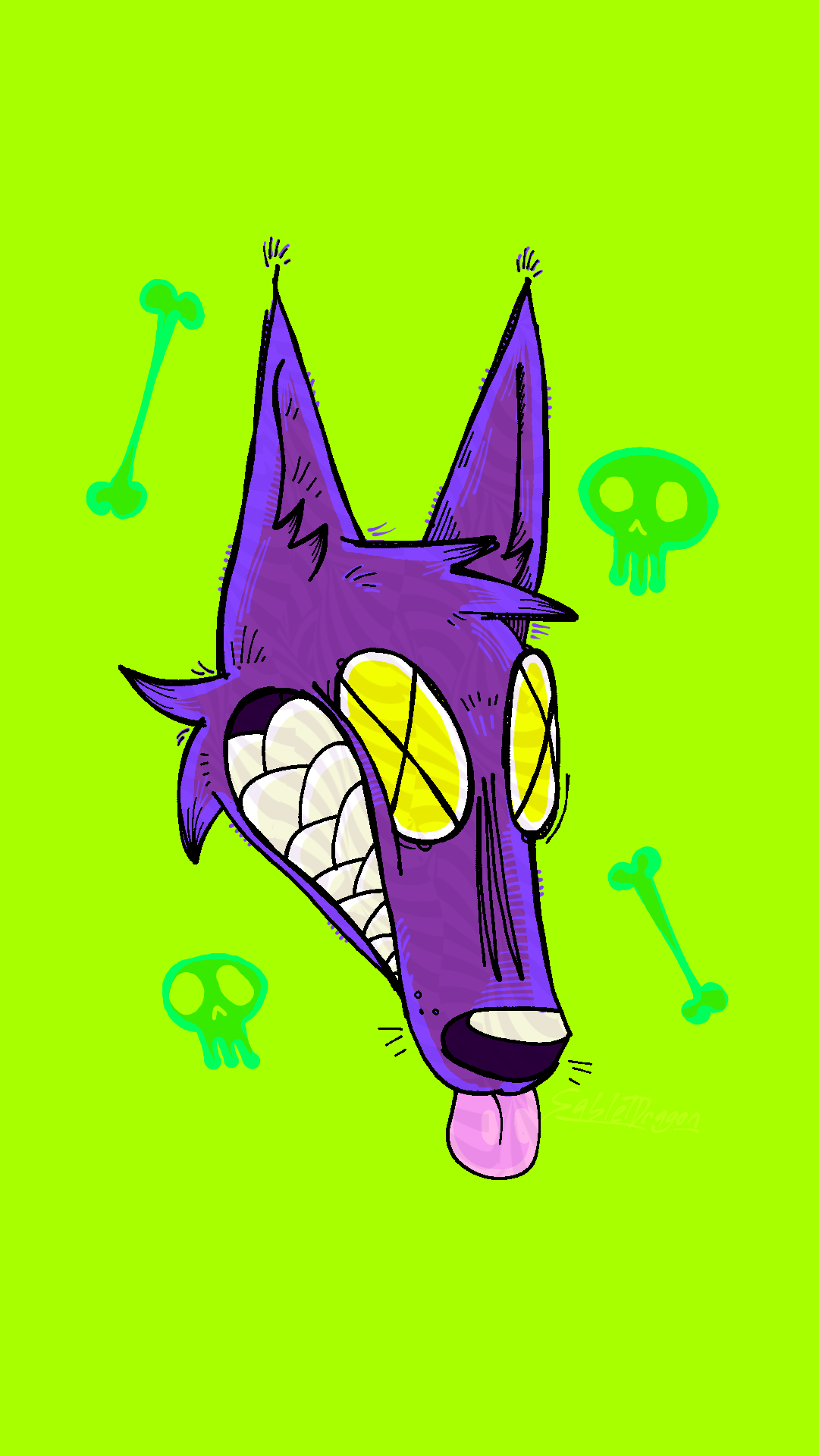 A digital drawing of a head of a purple canine showing it's teeth and sticking it's tongue out. It has highlight-colored eyes with X's on them. The background is bright lime green with green skulls and bones around it.